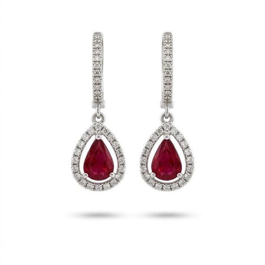 Genuine Teardrop Ruby and Diamond Huggies | 18k Solid White Gold