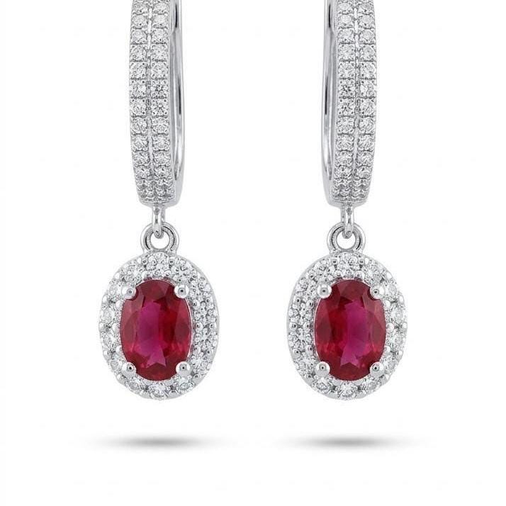 Genuine Oval Ruby and 2 Row Diamond Huggies | 18k Solid White Gold