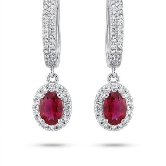 Genuine Oval Ruby and 2 Row Diamond Huggies | 18k Solid White Gold