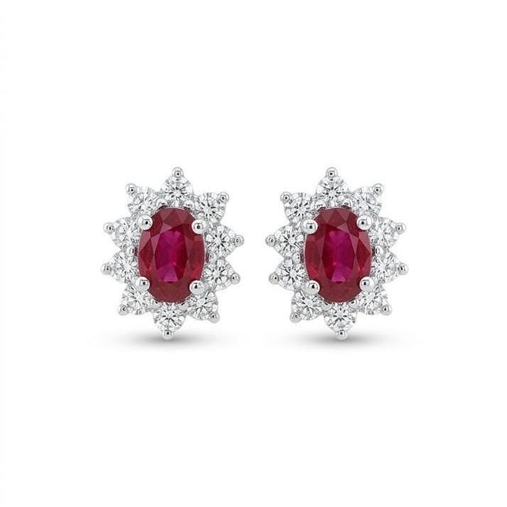 Genuine Oval Ruby and Diamond Solaris Halo Stud Earrings | 18k Solid White Gold
