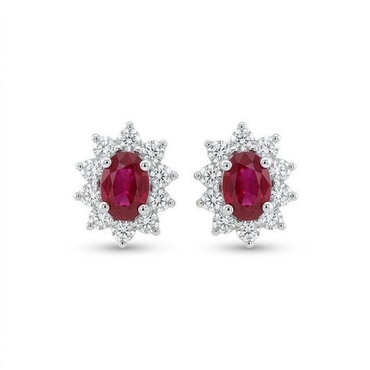 Genuine Oval Ruby and Diamond Solaris Halo Stud Earrings | 18k Solid White Gold