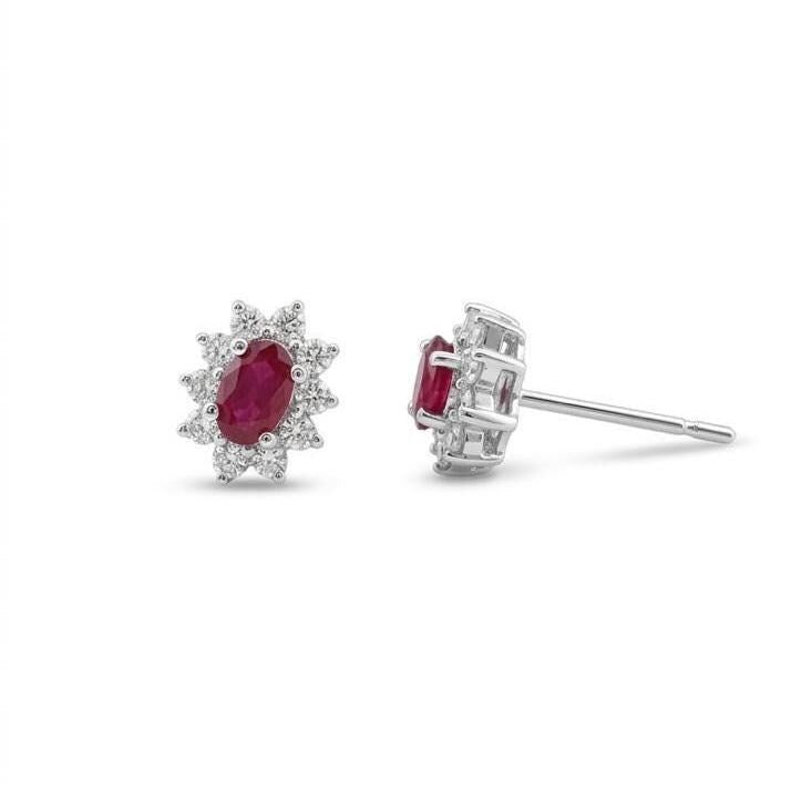 Genuine Oval Ruby and Diamond Solaris Halo Stud Earrings | 18k Solid White Gold