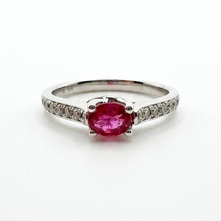 Genuine Ruby and Diamond Oval East-West Ring | 14k Solid White Gold