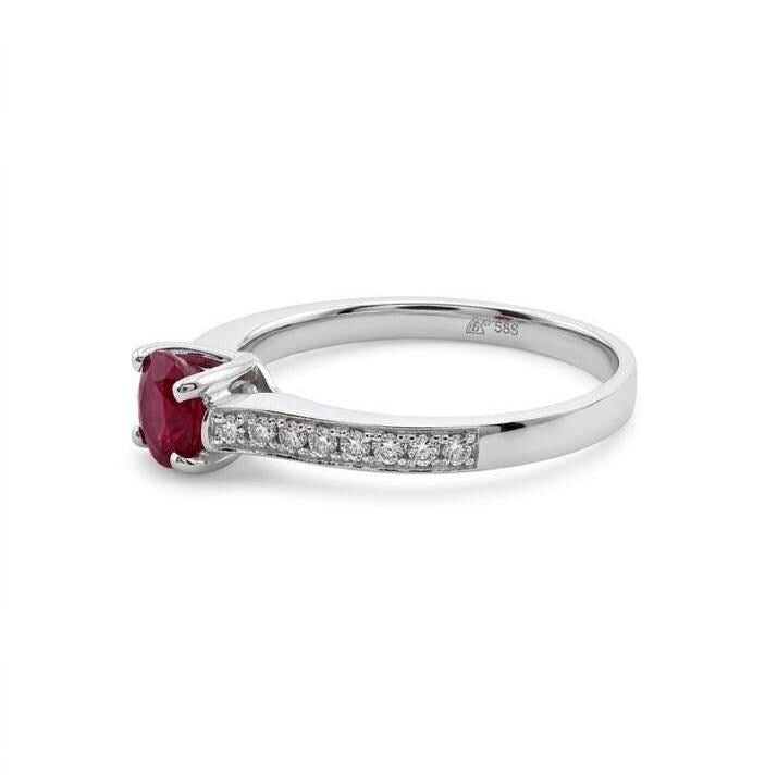 Genuine Ruby and Diamond Oval East-West Ring | 14k Solid White Gold