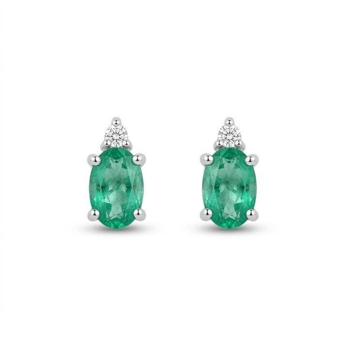 Genuine Emerald and Diamond Stud Earrings / 18k White Gold