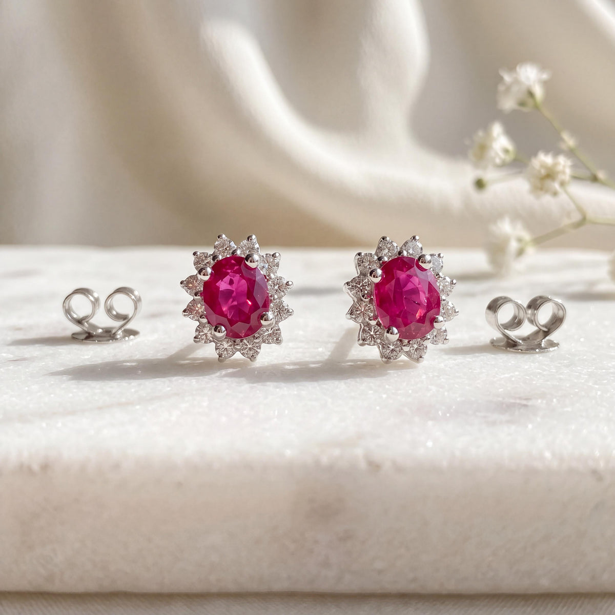 Ruby Diamond Solaris Earrings, Genuine 14k Solid Gold Sunburst Cluster, July Birthstone