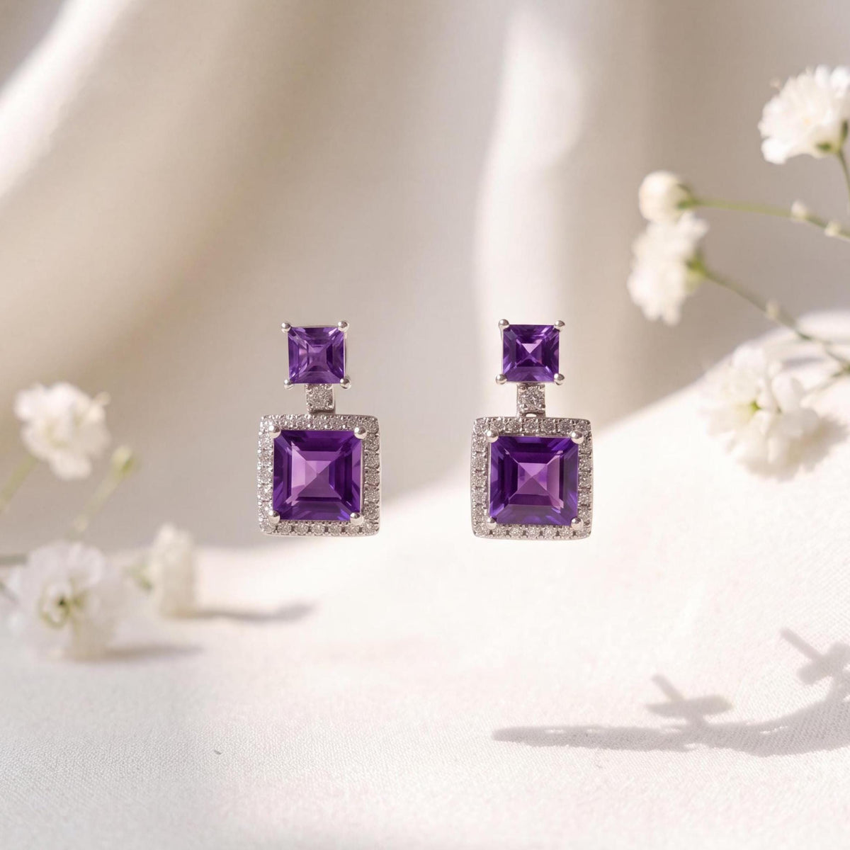 Genuine Amethyst and Diamond Dangle Earrings in 14k Solid Gold