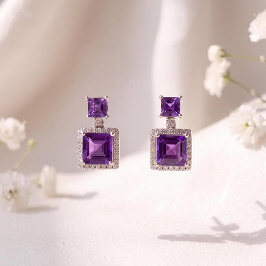 Genuine Amethyst and Diamond Dangle Earrings in 14k Solid Gold