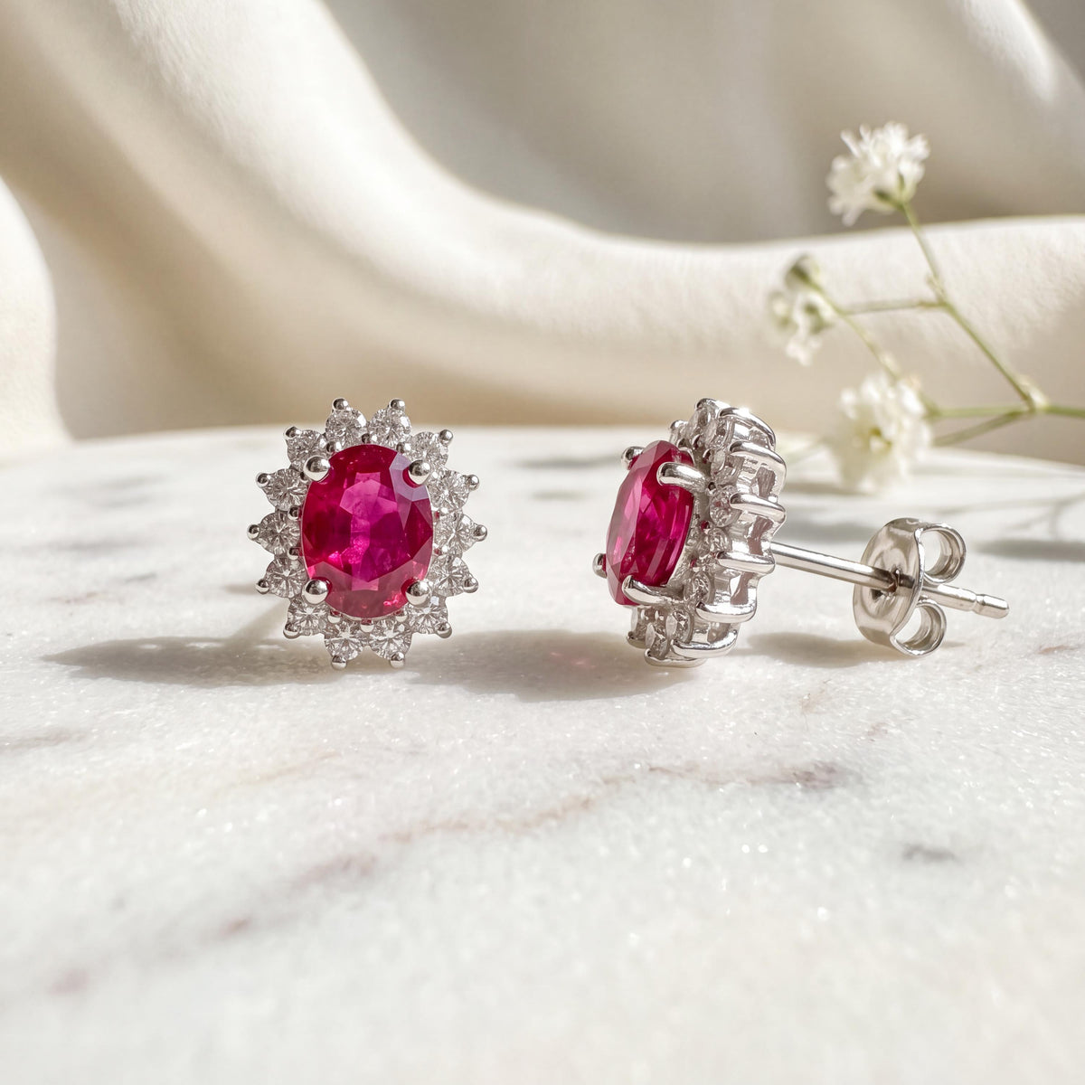 Ruby Diamond Solaris Earrings, Genuine 14k Solid Gold Sunburst Cluster, July Birthstone
