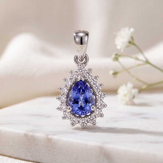 Sapphire Diamond Halo Pendant, Teardrop Cut, 18k Solid White Gold, September Birthstone