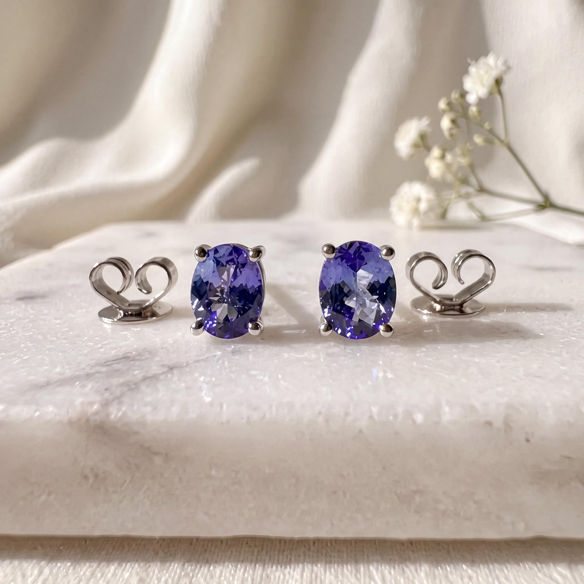 Genuine Tanzanite Stud Earrings, Oval Cut Solitaire, 14k Solid Gold, December Birthstone