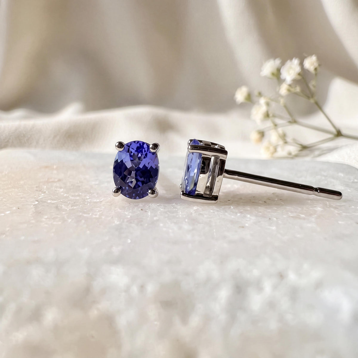Genuine Tanzanite Stud Earrings, Oval Cut Solitaire, 14k Solid Gold, December Birthstone