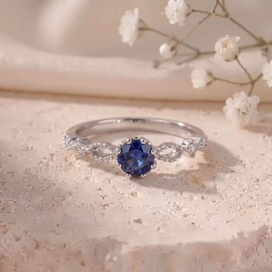 Genuine Sapphire and Diamond Ring in 14k Solid White Gold