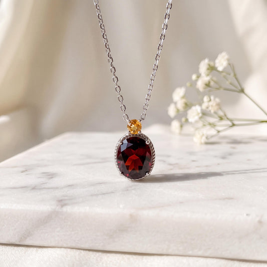 Garnet Orange Sapphire Necklace, Genuine 18k Solid Gold Pendant, January Birthstone