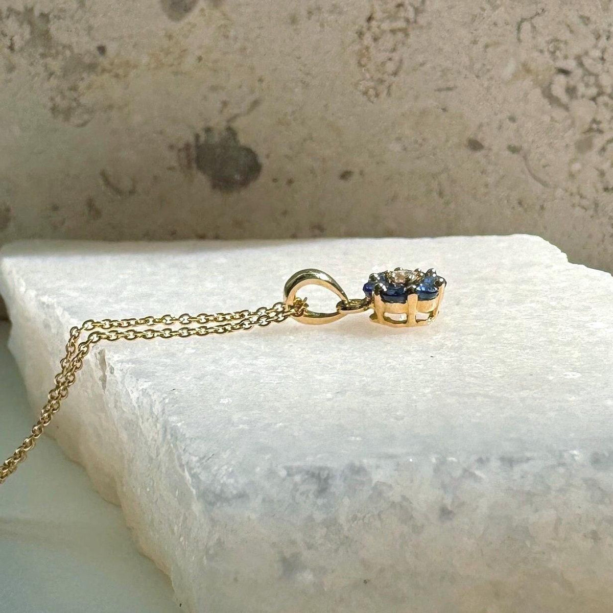 Genuine Sapphire and Diamond Flower Pendant, 14k Solid Gold, September Birthstone, Gift for Her