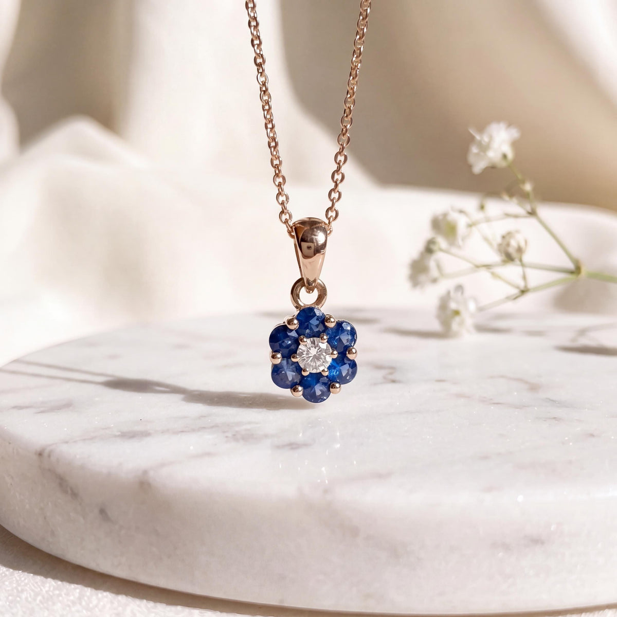 Genuine Sapphire and Diamond Flower Pendant, 14k Solid Gold, September Birthstone, Gift for Her