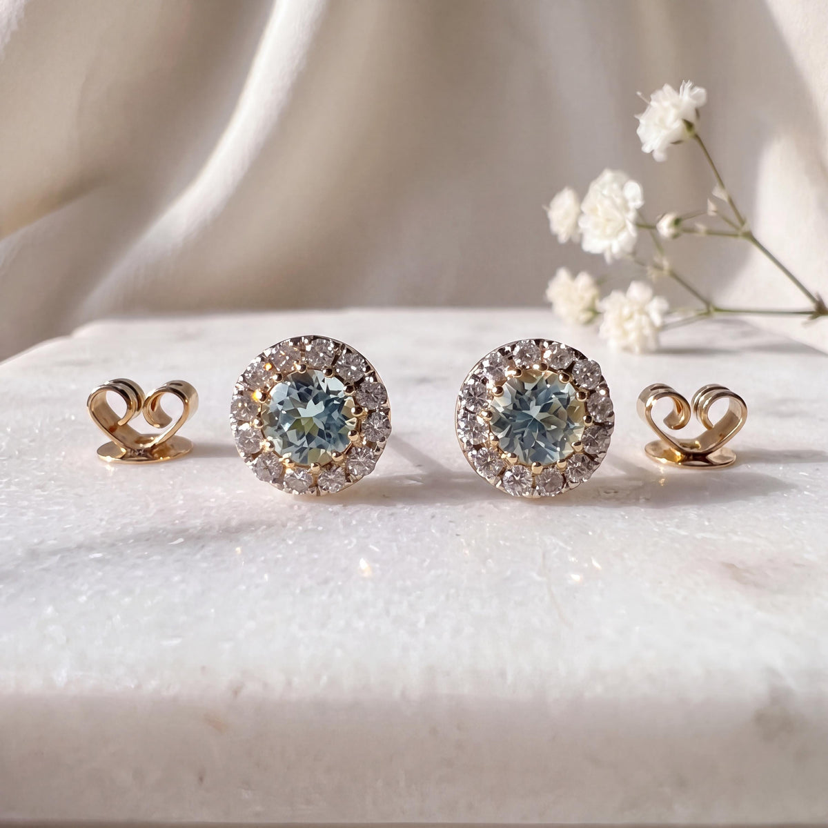 Genuine Aquamarine and Diamond Halo Round Studs in 18k Solid Gold