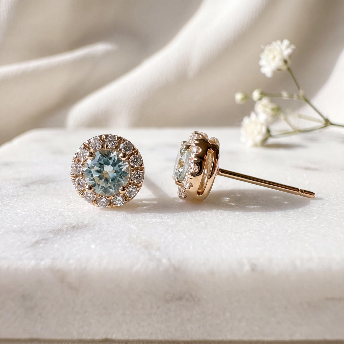 Genuine Aquamarine and Diamond Halo Round Studs in 18k Solid Gold
