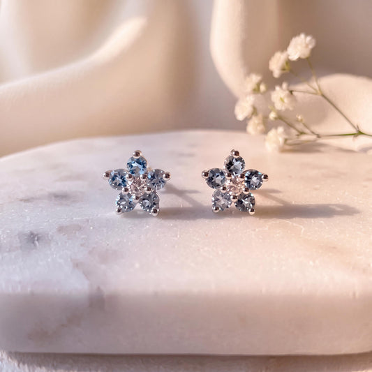 Genuine Aquamarine and Diamond Flower Stud Earrings / 14k Solid Gold