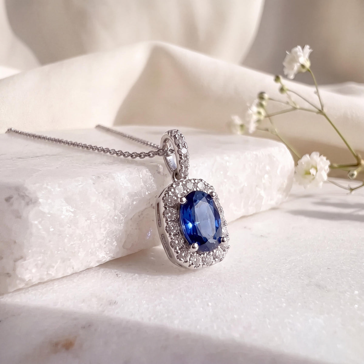 Genuine Sapphire and Diamond Halo Oval Cut Pendant, 18k Solid Gold, September Birthstone, Gift for Her
