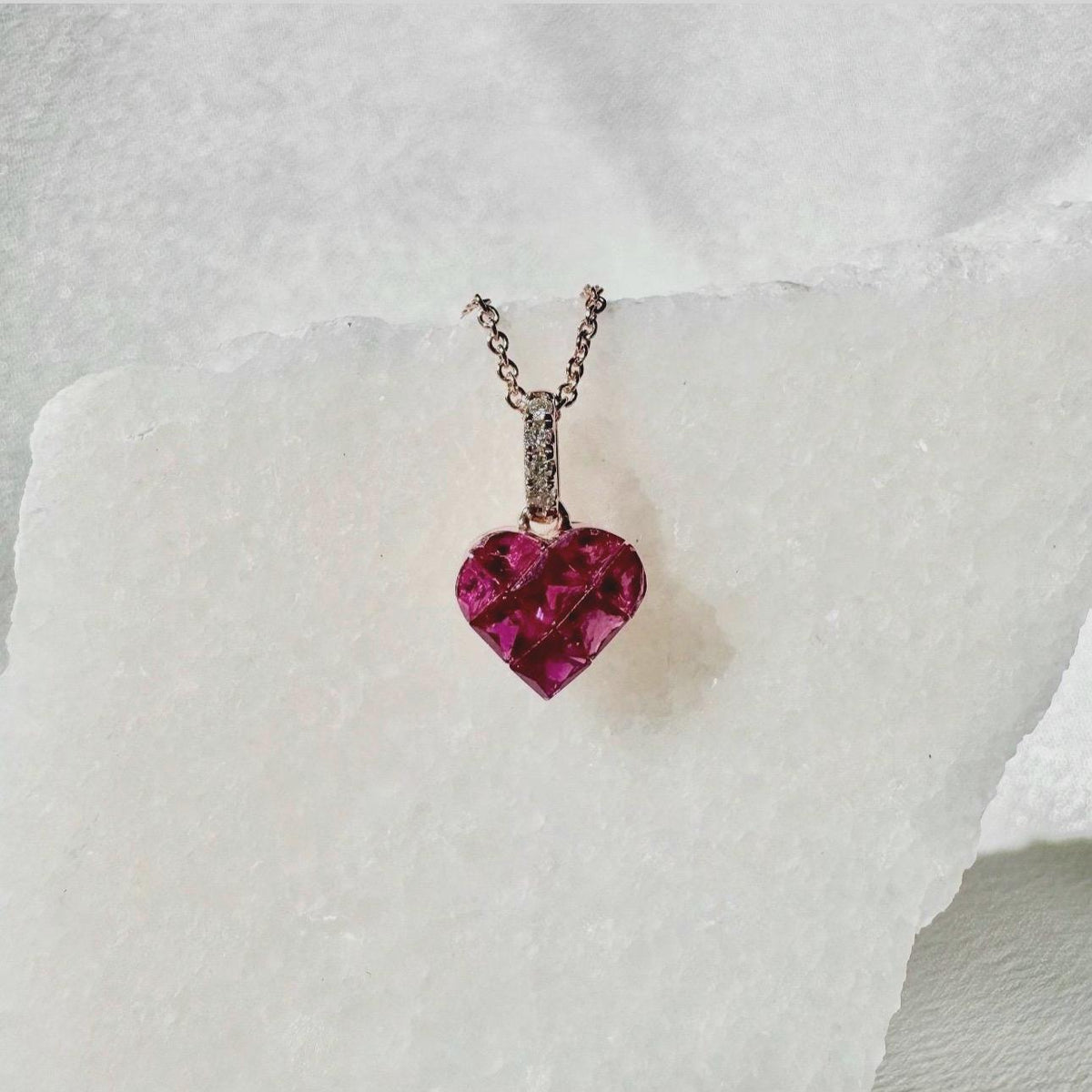 Genuine Ruby and Diamond Heart Pave Pendant / 14k Solid Gold