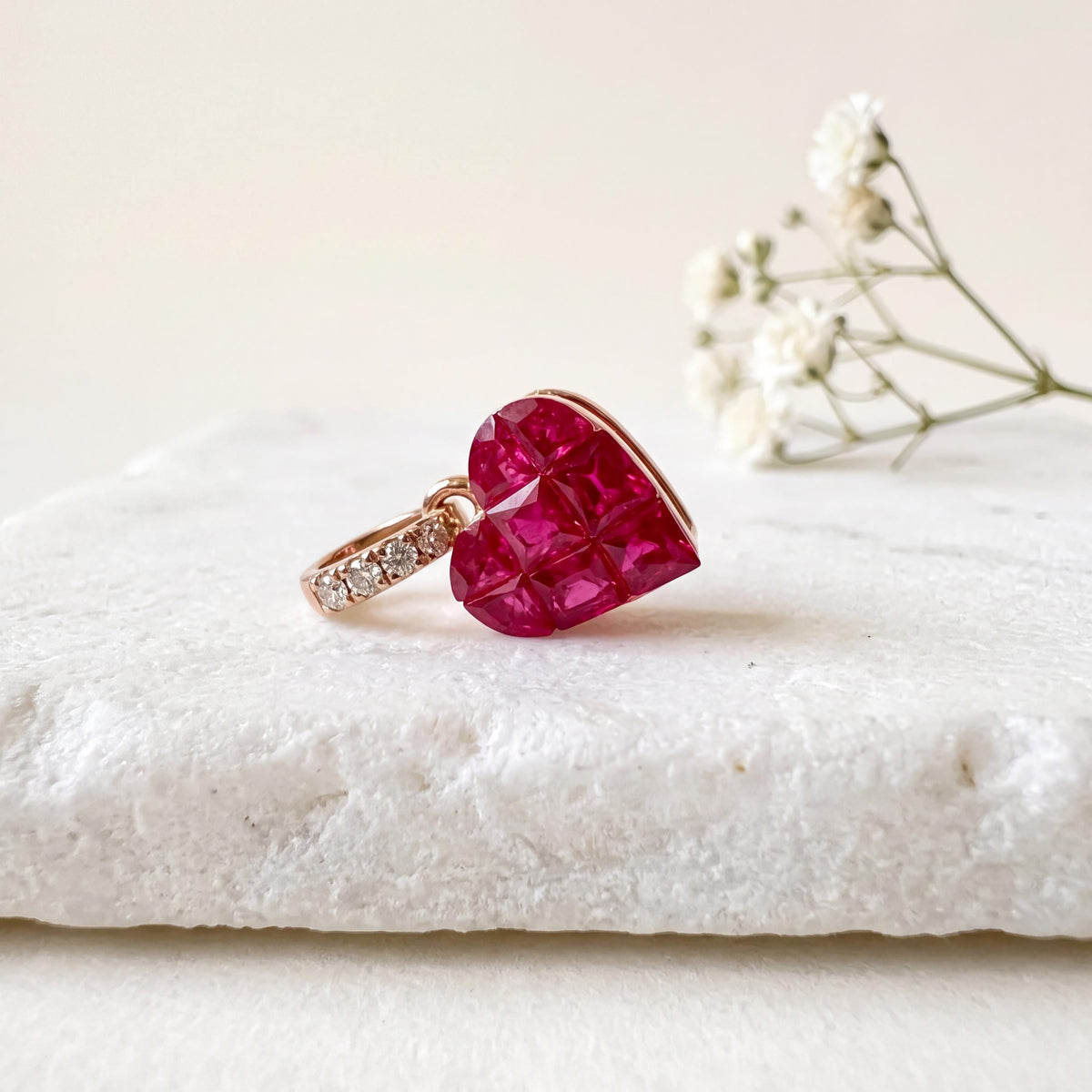 Genuine Ruby and Diamond Heart Pave Pendant / 14k Solid Gold