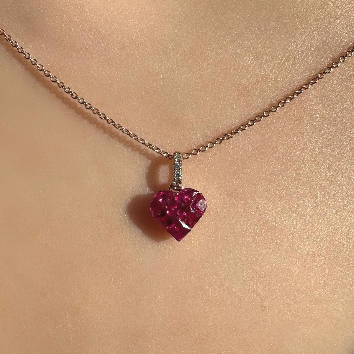 Genuine Ruby and Diamond Heart Pave Pendant / 14k Solid Gold