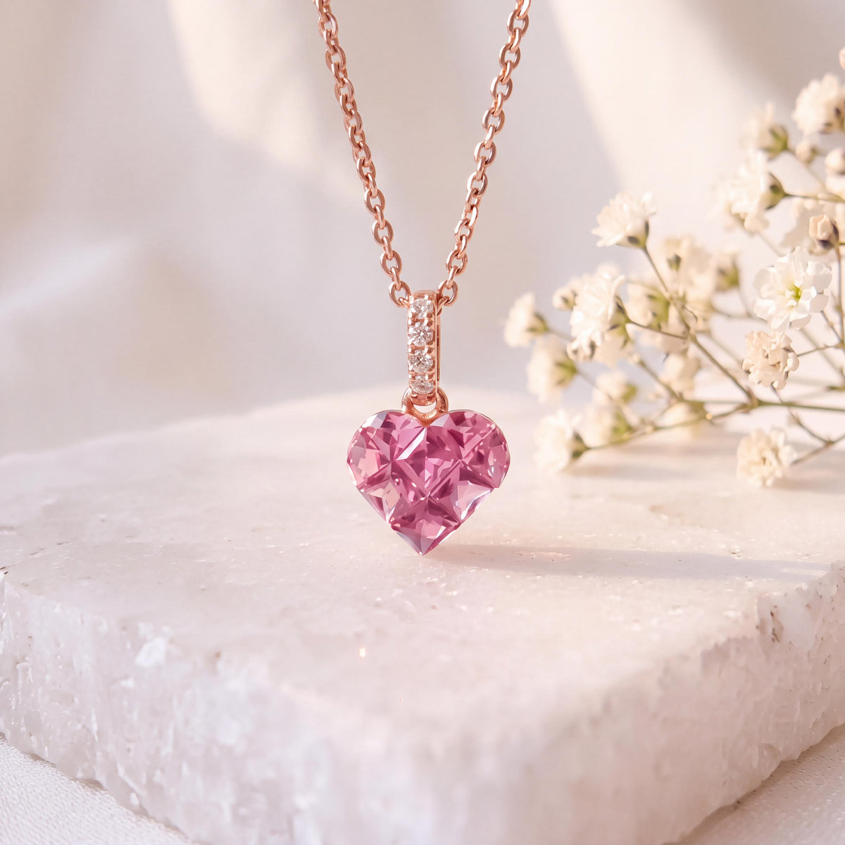 Genuine Pink Sapphire and Diamond Heart Pave Pendant | 14k Solid Gold