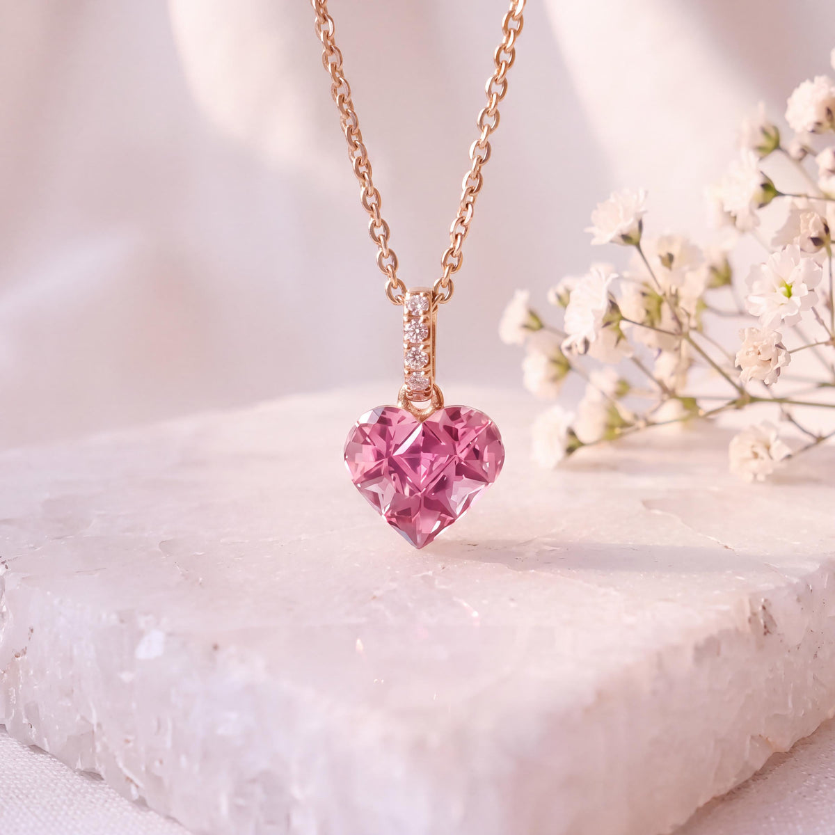 Genuine Pink Sapphire and Diamond Heart Pave Pendant | 14k Solid Gold