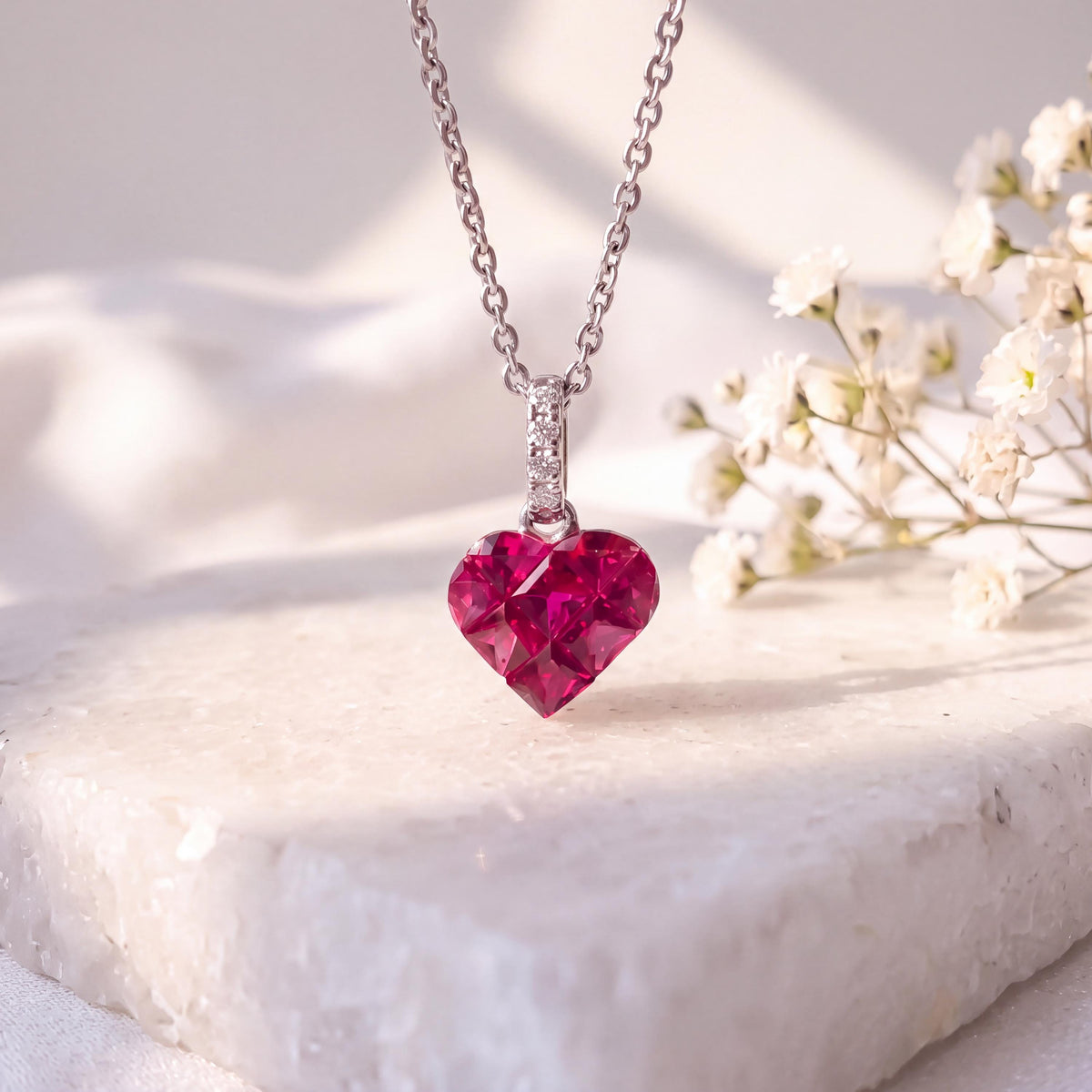 Genuine Ruby and Diamond Heart Pave Pendant / 14k Solid Gold