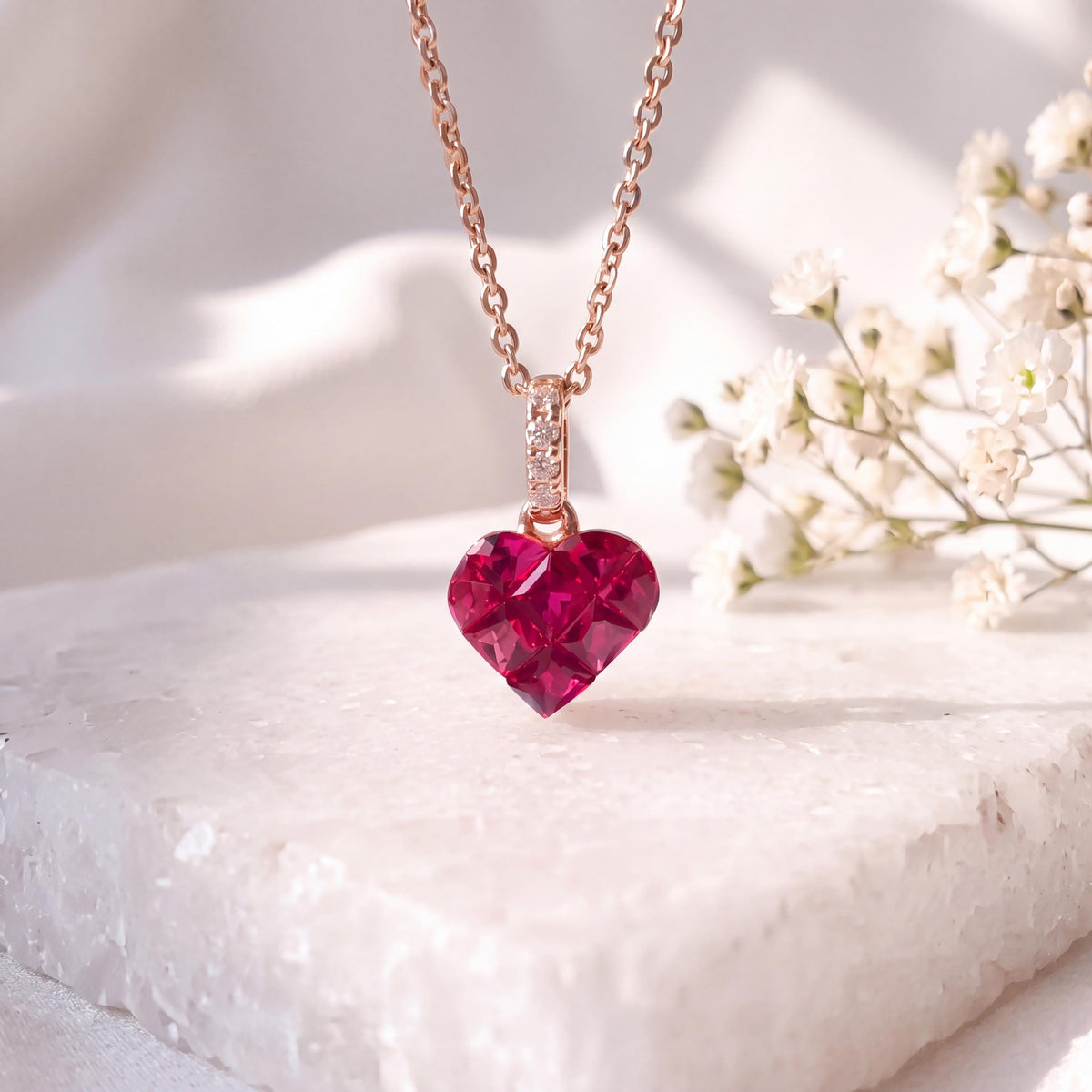 Genuine Ruby and Diamond Heart Pave Pendant / 14k Solid Gold
