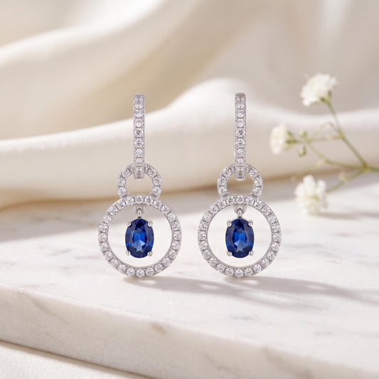 Genuine Oval Sapphires and Diamond Halo 2-in-1 Huggies in 18k Solid White Gold