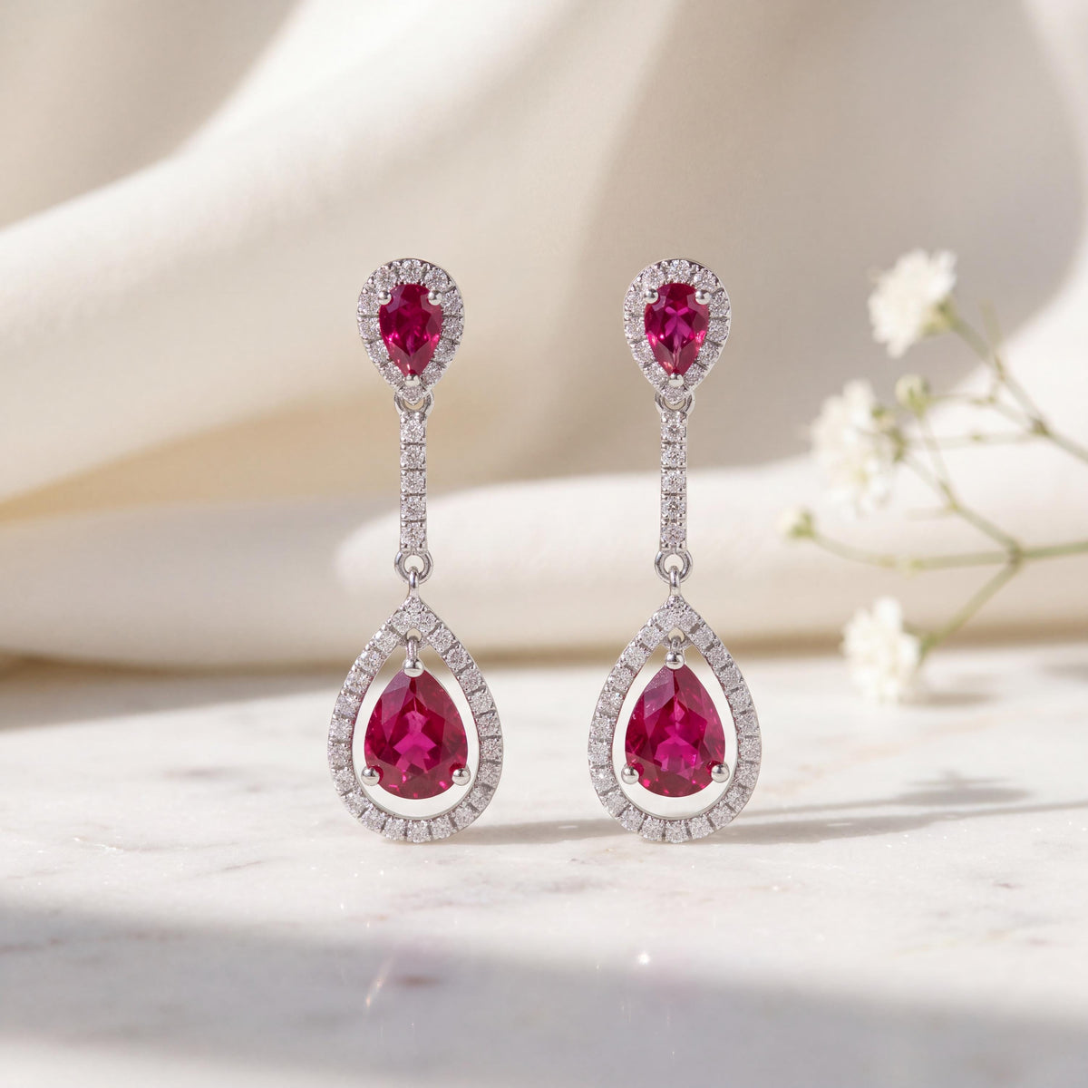 Genuine Teardrop Ruby and Diamond Dangle Earrings, 14k Solid White Gold, July Birthstone, Gift for Her