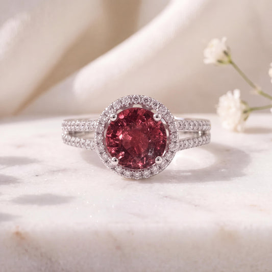 Genuine Red Tourmaline and Diamond Round Halo Ring, 2.06 ct, 18k Solid White Gold, October Birthstone, Gift for Her