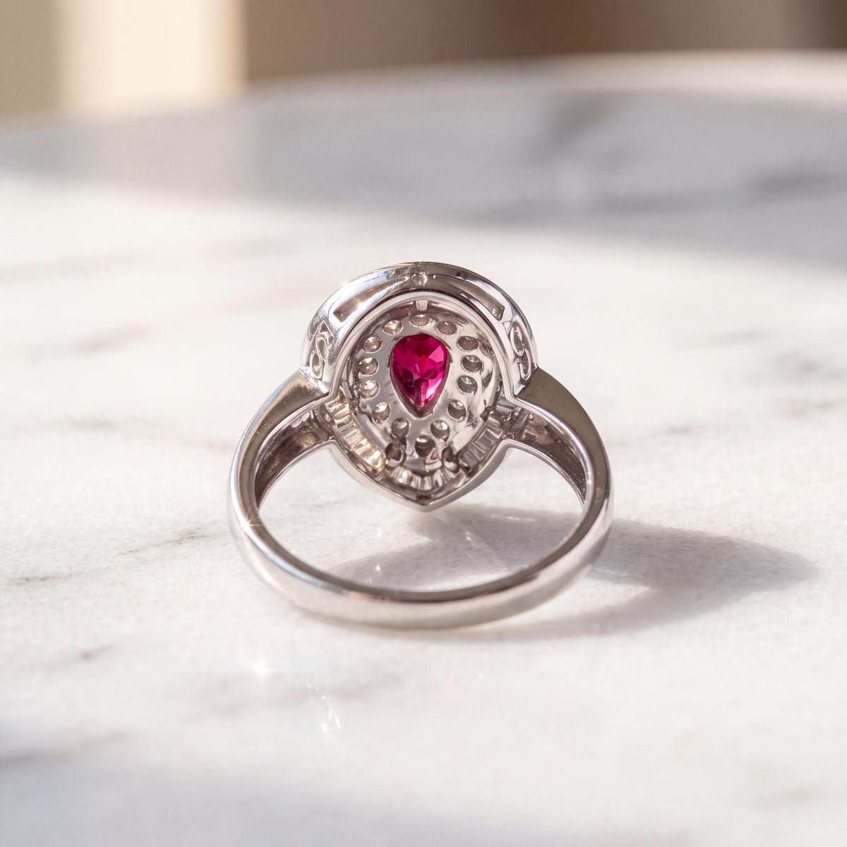 18k White Gold Ruby Diamond Teardrop Double Halo Ring, July Birthstone