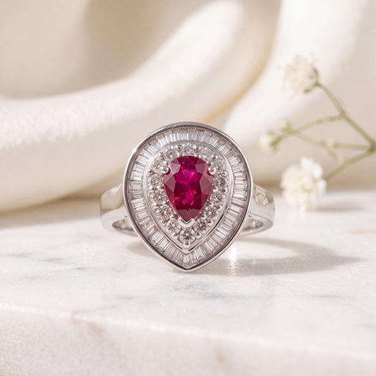 18k White Gold Ruby Diamond Teardrop Double Halo Ring, July Birthstone