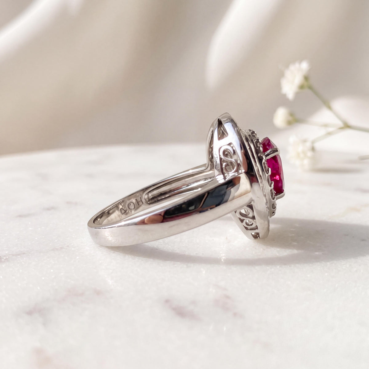 18k White Gold Ruby Diamond Teardrop Double Halo Ring, July Birthstone