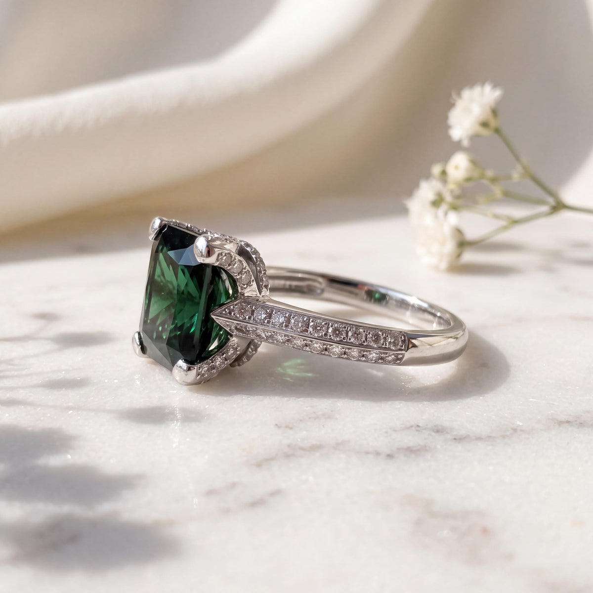 Genuine Cushion Cut Green Tourmaline and Diamond Ring | 18k Solid White Gold