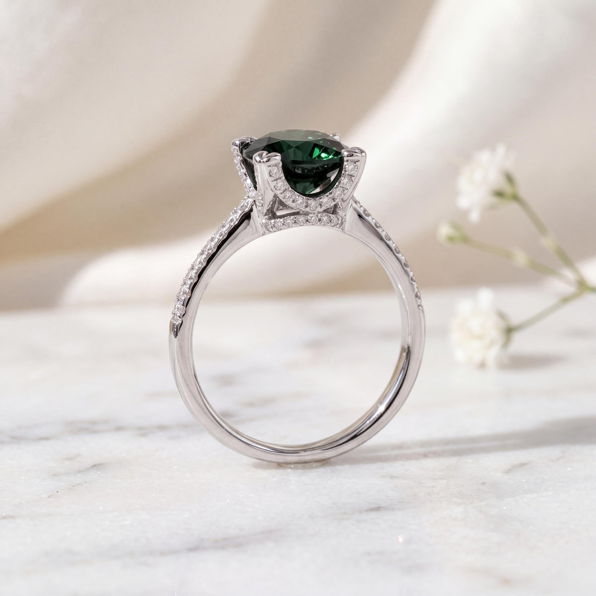 Genuine Cushion Cut Green Tourmaline and Diamond Ring | 18k Solid White Gold