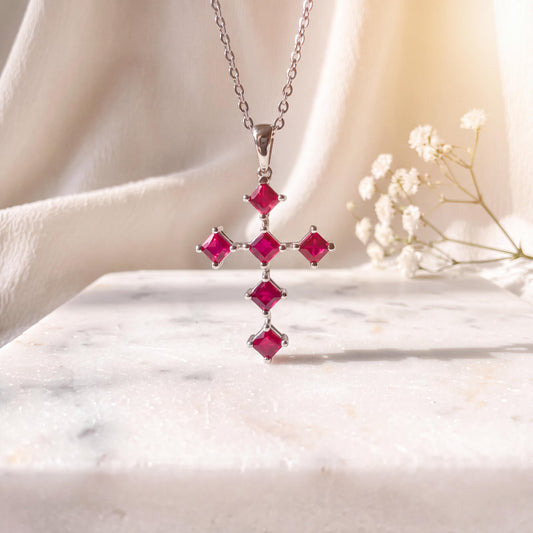 Genuine Princess Cut Ruby Cross Pendant in 18k Solid Gold