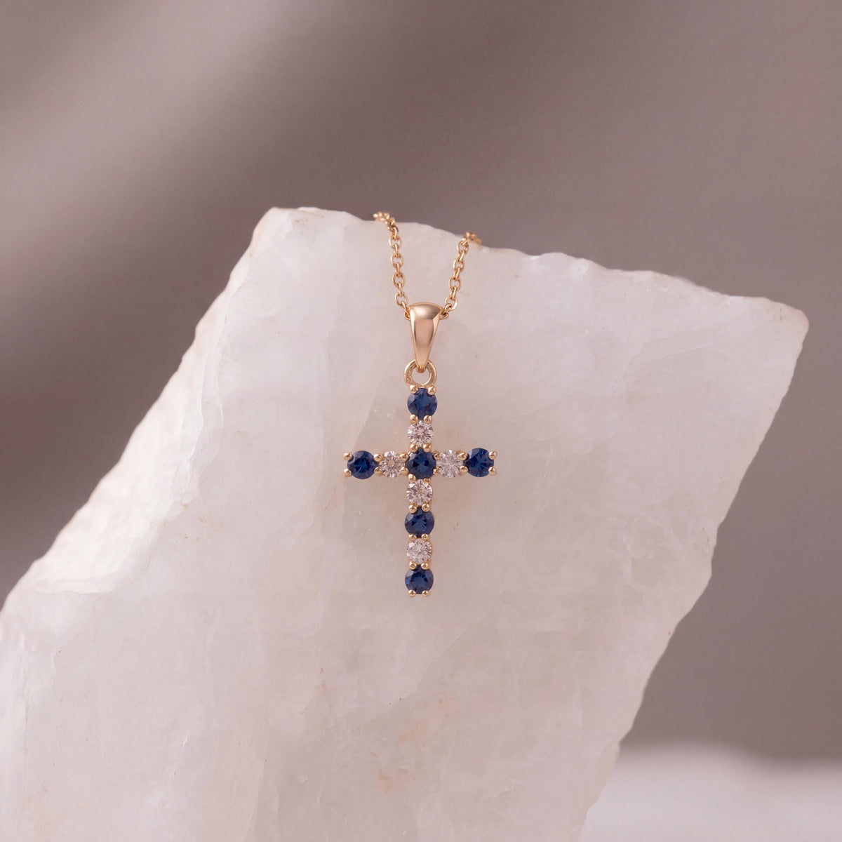 14k White Gold Sapphire Diamond Cross Pendant, September Birthstone Jewelry