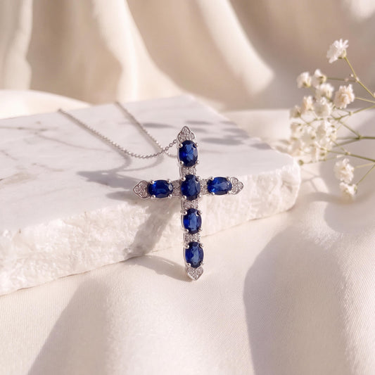 Genuine Sapphire Diamond Cross Pendant, 18k Solid Gold, September Birthstone, Gift for Her