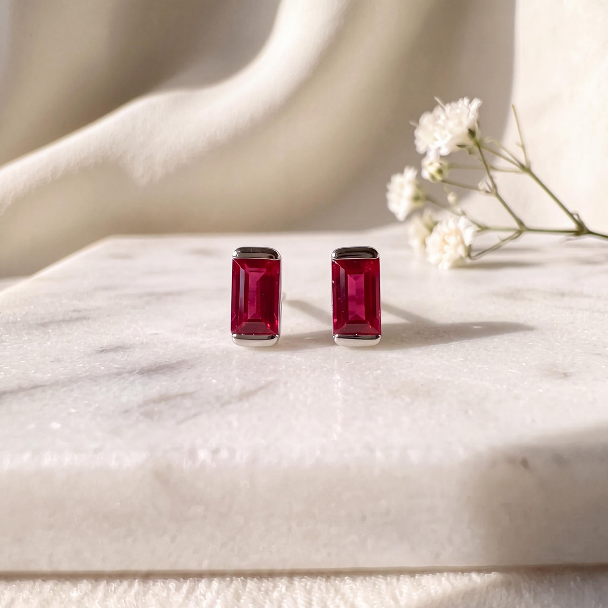 Genuine Ruby Mini Bezel Stud Earrings / 14k Solid Gold