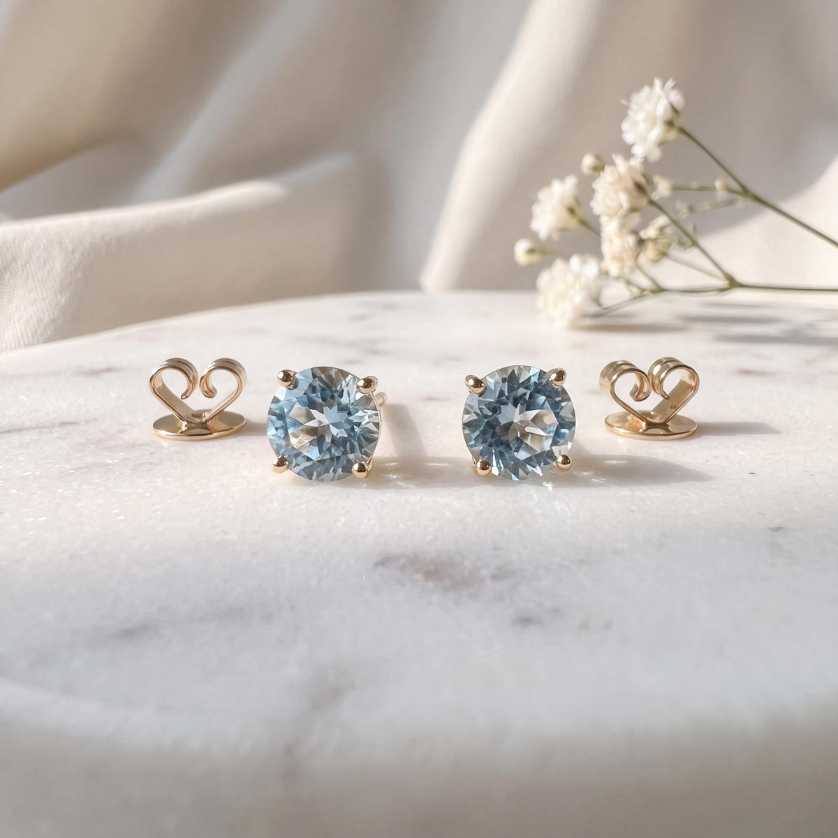 Genuine Aquamarine Round Cut Solitaire Stud Earrings, 4.8mm, 14k Solid Gold, March Birthstone