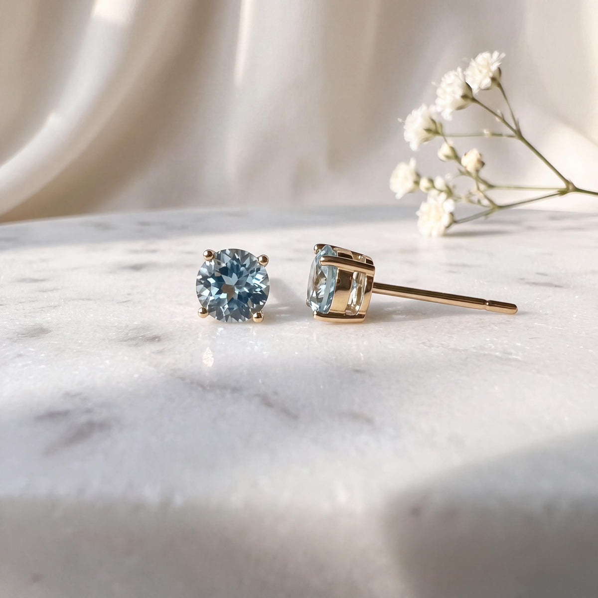 Genuine Aquamarine Round Cut Solitaire Stud Earrings, 4.8mm, 14k Solid Gold, March Birthstone