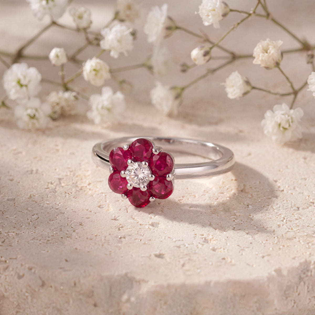 Genuine Ruby and Diamond Flower Ring in 18k Solid White Gold