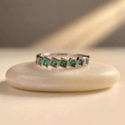 Genuine Emerald Half Eternity Ring in 14k Solid White Gold