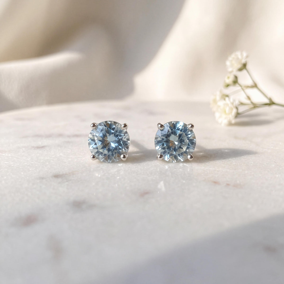 Genuine Aquamarine Round Cut Solitaire Stud Earrings, 4.8mm, 14k Solid Gold, March Birthstone