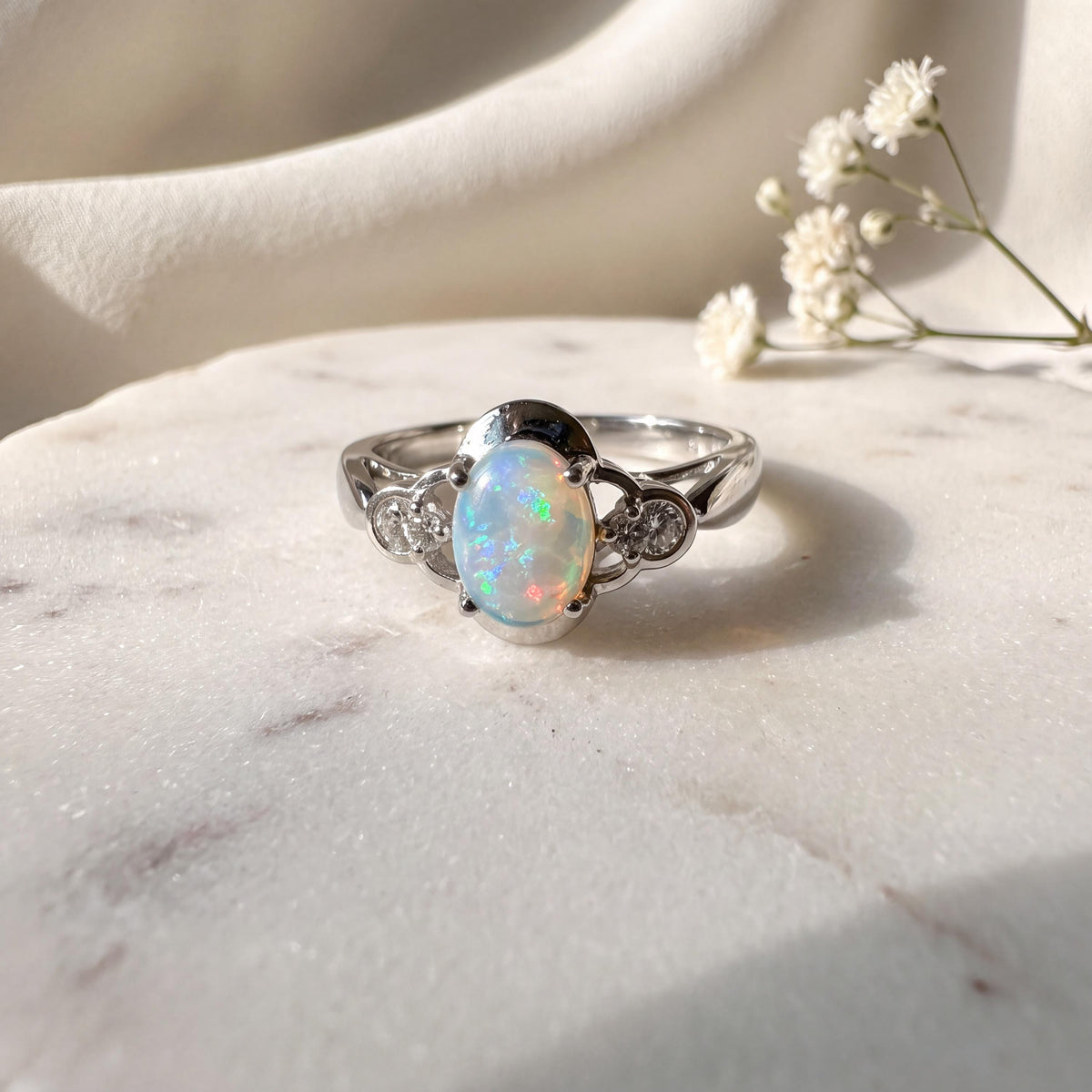 Cabochon Opal and Diamond Oval Ring, 14k Solid White Gold, October Birthstone, Gift for Her