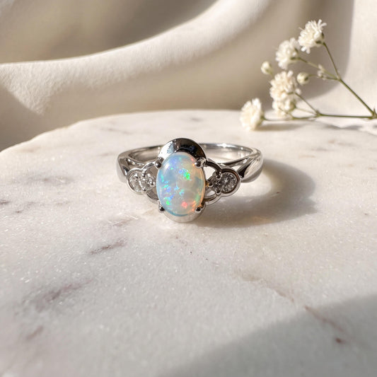 Cabochon Opal and Diamond Oval Ring, 14k Solid White Gold, October Birthstone, Gift for Her